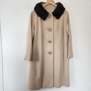 Vintage 1960s Cashmere Fur Peacoat Overcoat 1960s Fur Collar Beige Brown